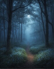Fototapeta premium Mysterious moonlit forest path surrounded by lush blue flowers. Enchanting atmosphere with soft glowing light filtering through trees, perfect for fantasy themes, nature scenes, or magical landscapes.