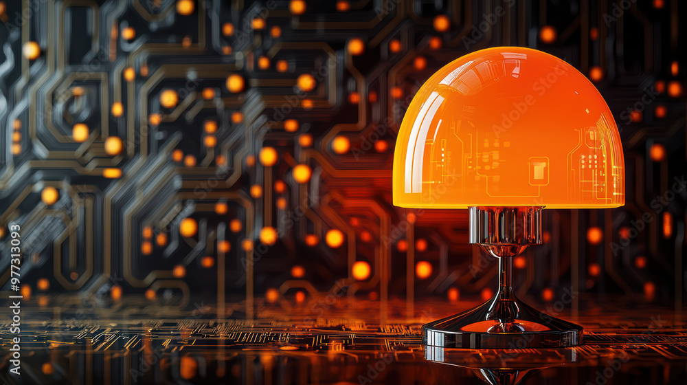 Poster futuristic glowing orange lamp on a high-tech circuit board background. modern technology concept wi
