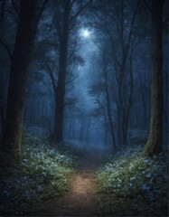 Obraz premium Mysterious moonlit forest path surrounded by lush blue flowers. Enchanting atmosphere with soft glowing light filtering through trees, perfect for fantasy themes, nature scenes, or magical landscapes.