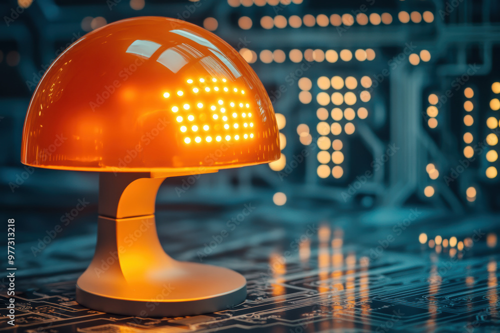 Aufkleber retro orange desk lamp with a sleek design, illuminating an electronics circuit board backdrop, crea