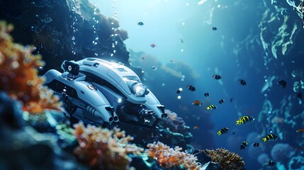 Fototapeta premium Underwater Exploration Robot: A sleek underwater robot exploring a coral reef, capturing stunning marine life footage. 