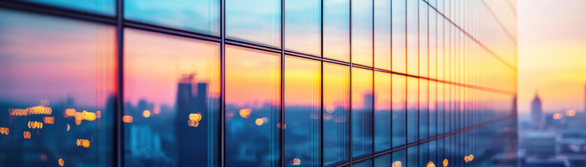 Modern glass skyscraper reflecting vibrant cityscape at sunset. Urban architecture concept with sleek windows captured in golden hour.