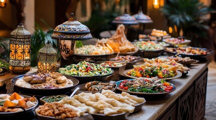 A beautifully arranged iftar buffet in a traditional Middle Eastern setting, with a variety of dishes