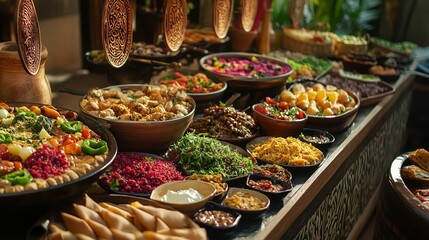 A beautifully arranged iftar buffet in a traditional Middle Eastern setting, with a variety of dishes