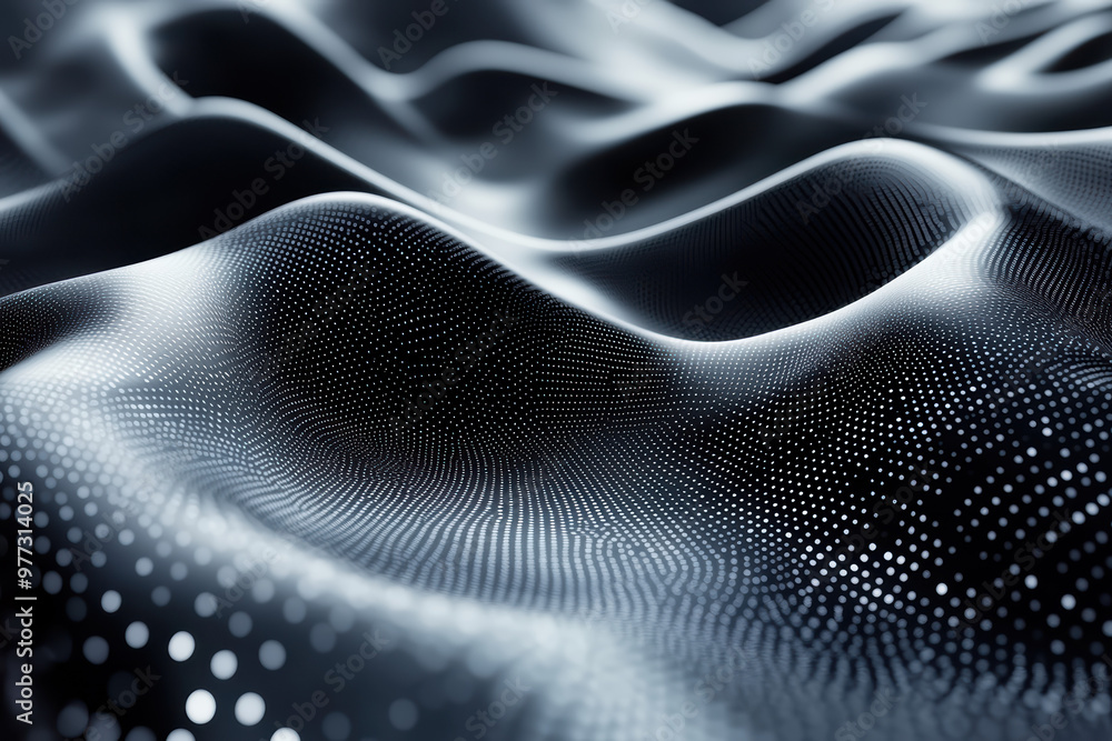 Poster abstract digital wave composition with flowing curves and illuminated dots, showcasing futuristic te