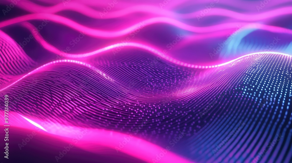 Poster pulsing neon lines stretching and bending, creating an abstract digital wave.