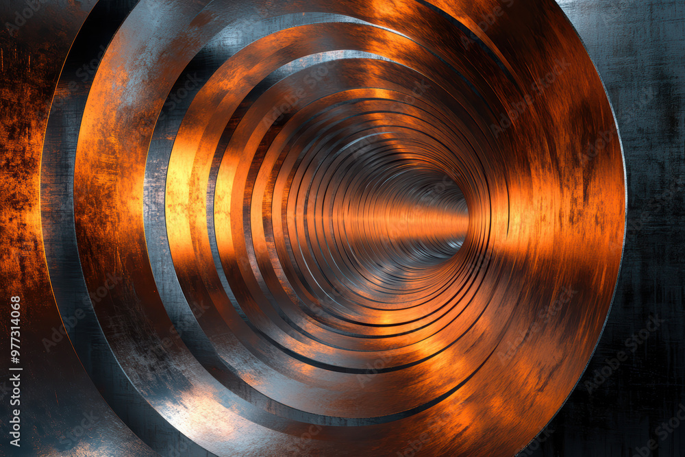 Poster abstract digital tunnel with metallic orange and black texture, creating a sense of futuristic depth