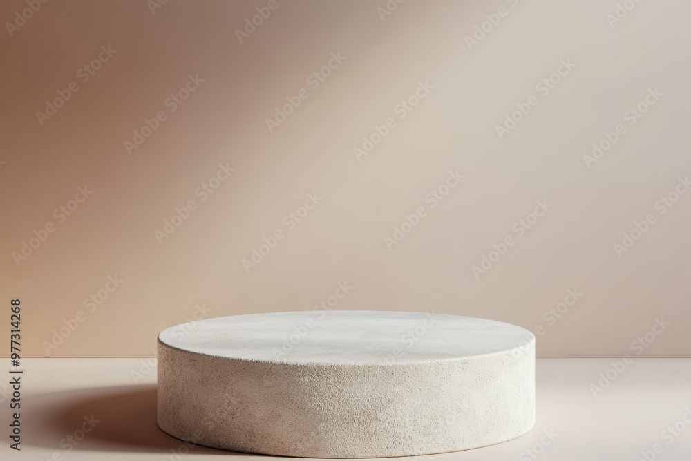 Poster minimalistic round stone pedestal on beige background, ideal for product display and presentations w