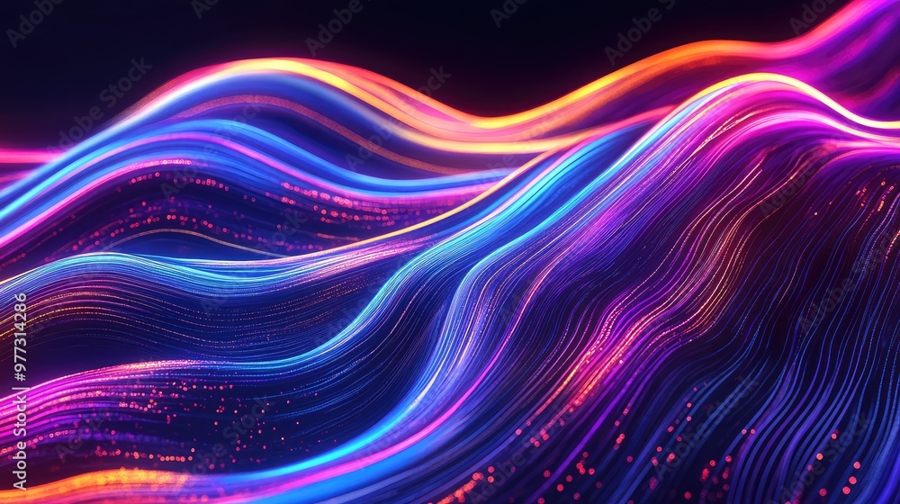 Poster pulsing neon lines stretching and bending, creating an abstract digital wave.
