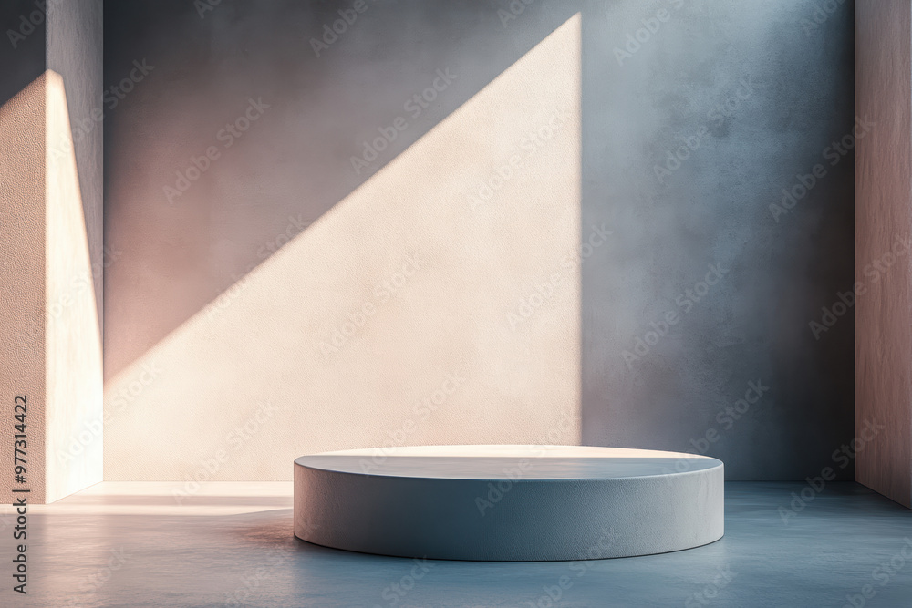 Poster minimalistic empty stage illuminated by natural light, casting geometric shadows on the walls. perfe