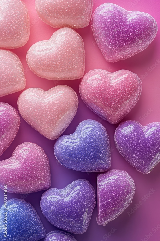 Poster Colorful heart-shaped candies arranged on a pink background.