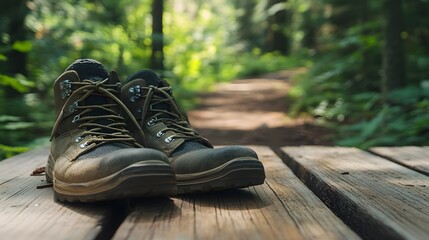 Travel Shoes: A pair of durable travel shoes resting on a wooden deck with a forest trail in the background.
