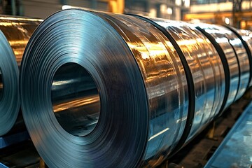 Obraz premium Steel coils in a metal mill, ready for global projects. Modern equipment ensures high-quality production