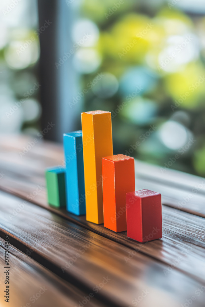Poster close-up of colorful wooden blocks arranged in ascending order on wooden table, representing a bar c