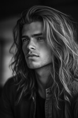 photo of a man with long hair, wearing a black shirt, standing on the street