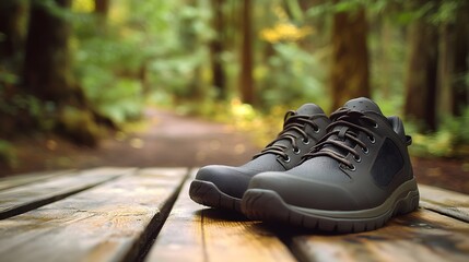 Travel Shoes: A pair of durable travel shoes resting on a wooden deck with a forest trail in the background.
