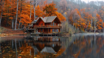 Fototapeta premium A serene log cabin situated by a still lake, surrounded by the rich colors of autumn leaves, reflecting an exquisite, peaceful scene that encapsulates tranquility and beauty.