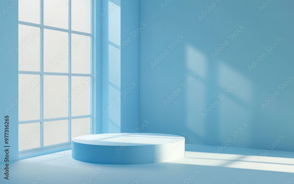 Poster minimalistic blue room with sunlit circular podium and large window casting serene shadows, creating