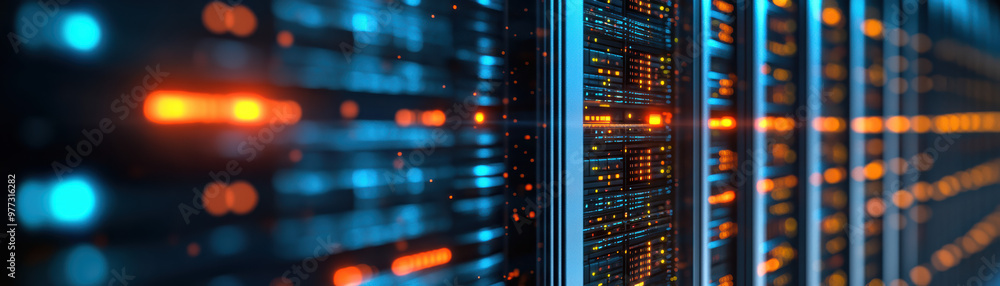 Poster close-up of illuminated server racks in a data center. modern technology concept with vibrant led li