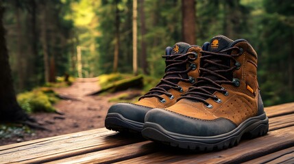Travel Shoes: A pair of durable travel shoes resting on a wooden deck with a forest trail in the background.
