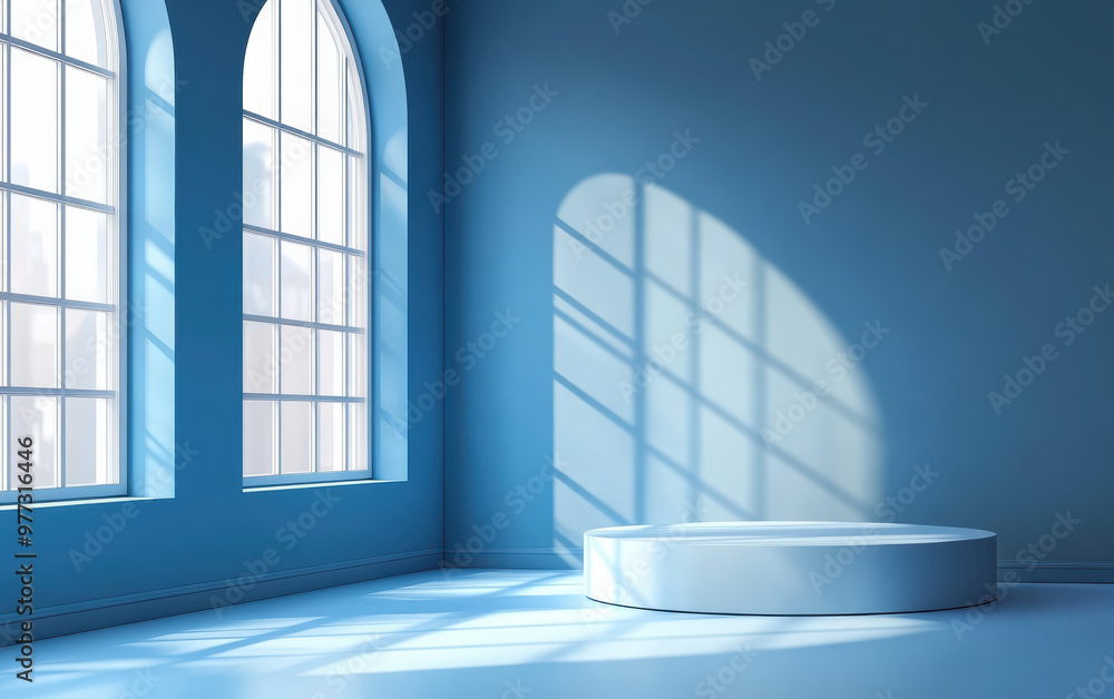 Poster sunlight streams through large arched windows, casting soft shadows on a serene blue interior with a