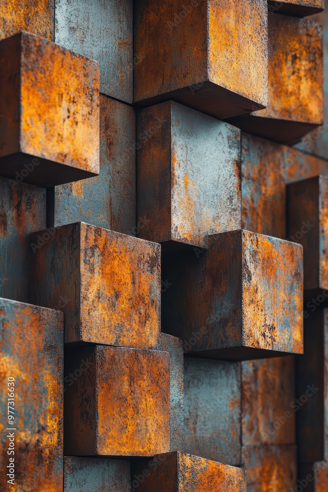 Poster close-up of a textured rusty metal cube wall creating a geometric pattern with vibrant orange and bl