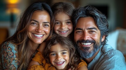 Fototapeta premium Smiling Family Portrait with Parents and Two Young Daughters