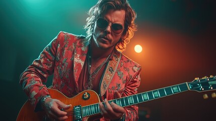 Obraz premium Rock Star with Long Hair Playing Electric Guitar On Stage