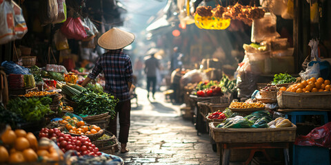 A bustling street market in Asia, with colorful fruit and vegetables displayed for sale. The vendors and shoppers create a lively scene, showcasing the vibrant culture and daily life.