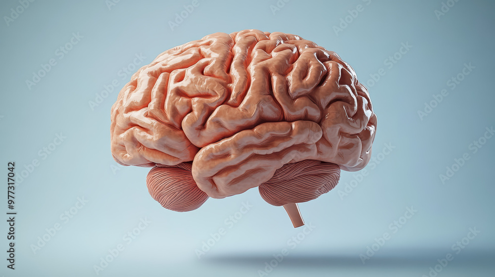 Poster realistic anatomical brain model on a soft gradient background, highlighting brain structure, neuros