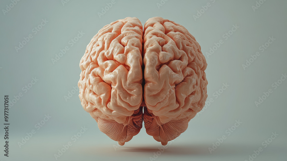 Poster close-up of a realistic human brain model isolated on a neutral background, showcasing intricate det