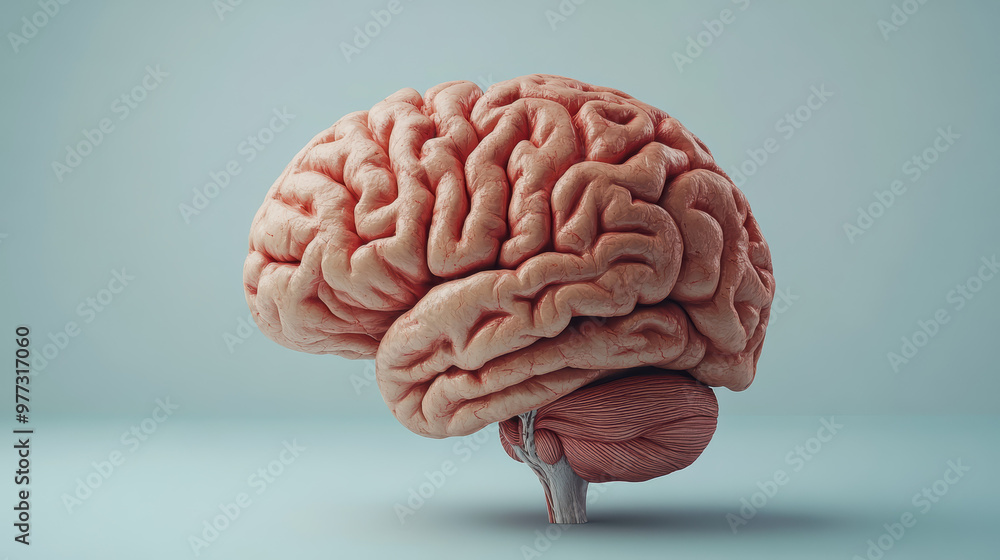 Poster high-resolution image of a realistic human brain model on a gray background, showcasing intricate de