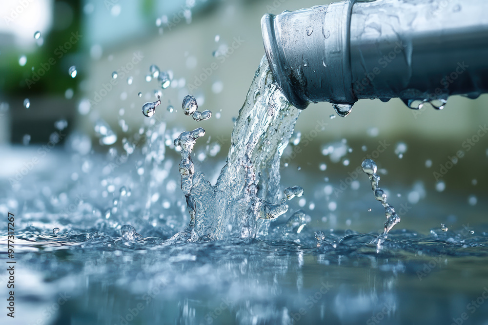Aufkleber close-up of water flowing from a pipe, captured in mid-air with splashes. clear and fresh water crea
