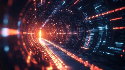 VPN tunnel visualized as a glowing, secure digital pathway, dark and detailed cyber environment