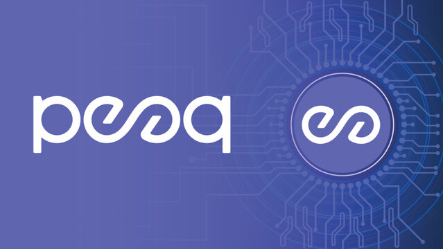 Peaq network logo crypto currency vector banner design illustration background. crypto currency theme technology background with circuit board, Peaq network symbol and typography