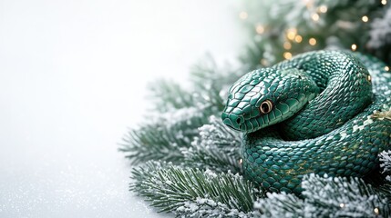 Fototapeta premium Beautiful greeting card with A Green Wooden Snake, holiday composition for happy and joy celebrate New Year, white background
