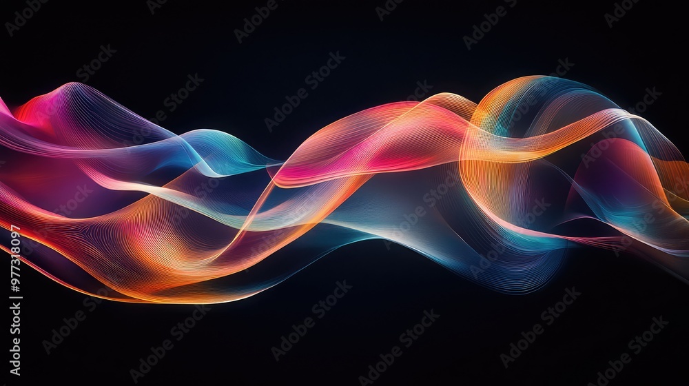 Poster smooth, flowing ribbons of color twisting through a dark, empty space.