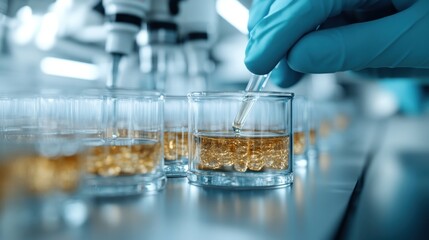 A gloved scientist uses a dropper to administer liquid into a petri dish, representing scientific research and precision at a laboratory setting focused on discovery and innovation.