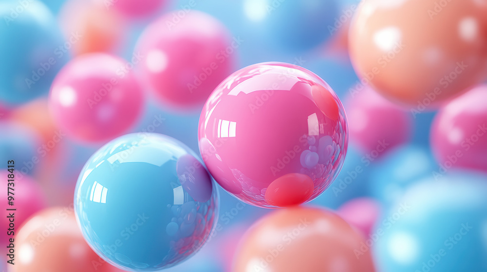 Poster vibrant pastel spheres floating and reflecting light, creating a dreamy and colorful abstract scene 