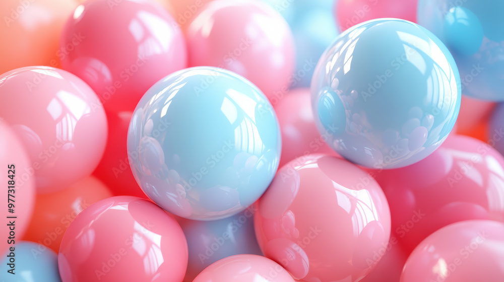 Poster vibrant pink and blue spheres clustered together, reflecting light, creating a playful and colorful 