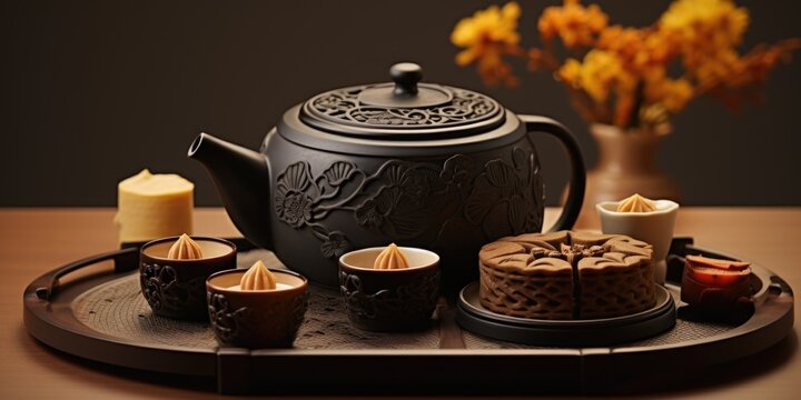 Delicious Chinese Mooncakes (Geppei) with Teapot Set at Wooden Table for Mid-Autumn Festival Photo.