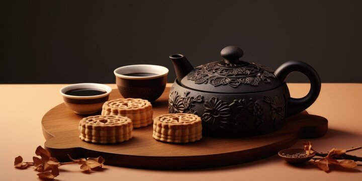 Delicious Chinese Mooncakes (Geppei) with Teapot Set at Wooden Table for Mid-Autumn Festival Photo.