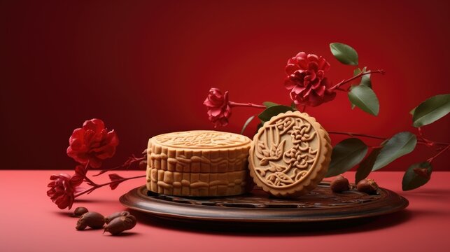 Mid-Autumn Festival Mooncake (Geppei) on Plate and Beautiful Flowers at Red Table Photo.