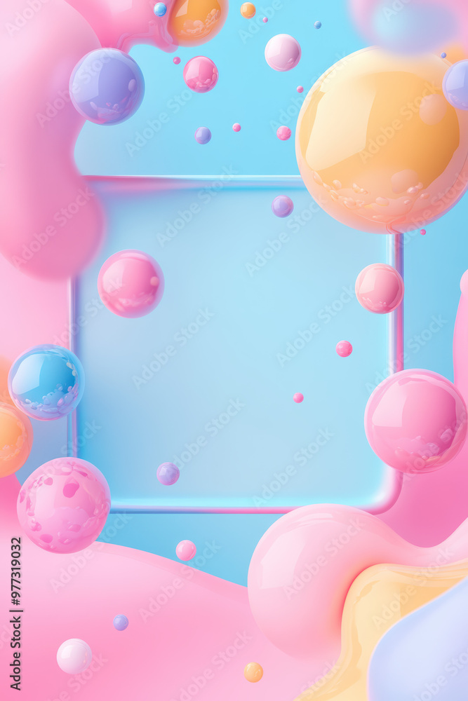 Poster colorful abstract background with pastel bubbles floating around a square frame on a blue backdrop, 