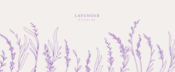 Background with lavender calligraphic design elements and graceful branches. Wedding wildflowers for invitation save the date card. Botanical feminine rustic vector illustration © merfin