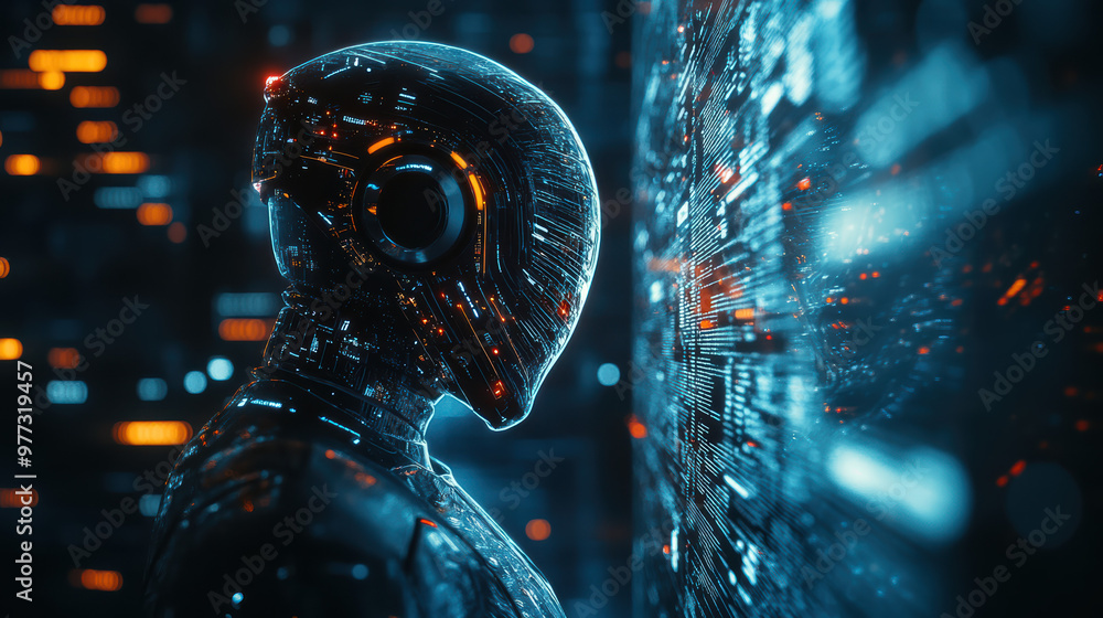 Poster futuristic humanoid robot with intricate digital interface in background, illuminated by blue and or