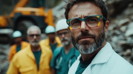 An intense-looking scientist in a lab coat standing amidst a construction site, representing the intersection of science and engineering under challenging environments.