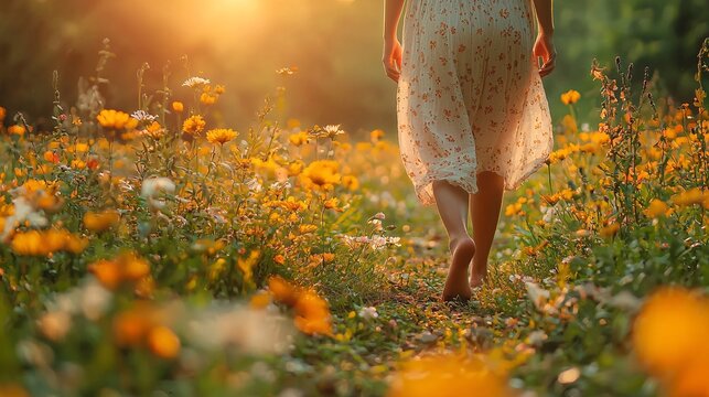 Create an image of a pregnant mother walking barefoot in nature, symbolizing grounding and connection