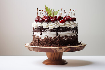 A traditional black forest cake displayed in a cozy, rustic bakery. Layers of rich chocolate sponge, whipped cream, and dark cherries are topped with chocolate shavings