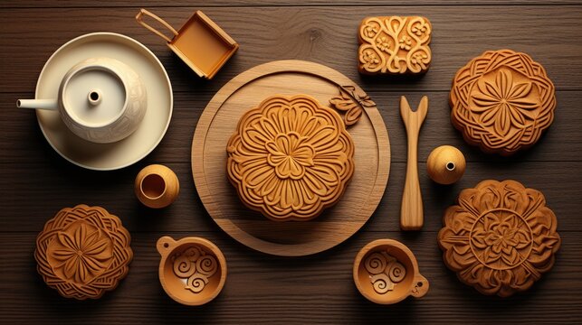 Delicious Chinese Mooncakes (Geppei) with Teapot Set at Wooden Table Top for Mid-Autumn Festival Photo.